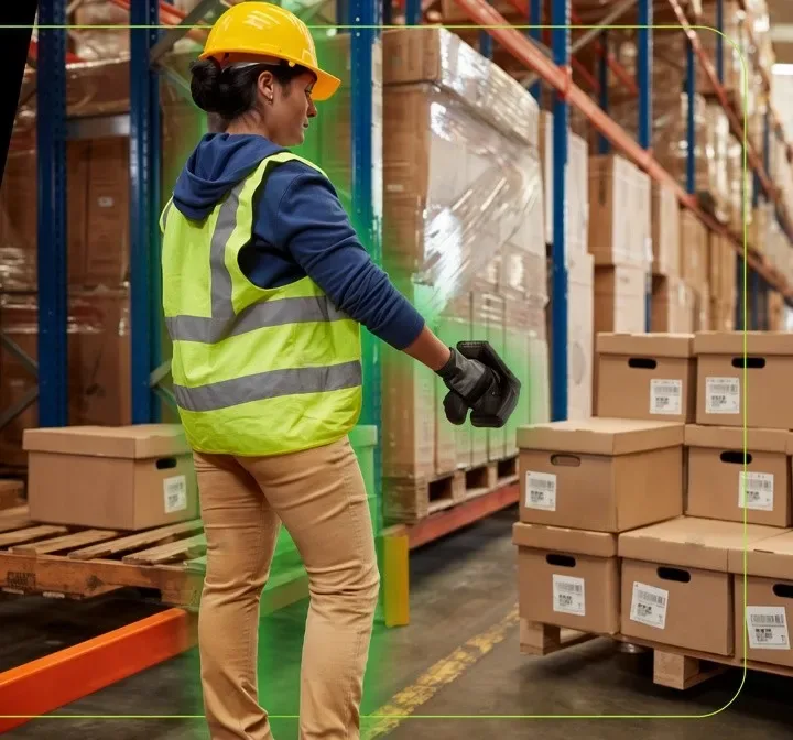 Operaria con chaleco reflectivo leyendo cajas etiquetadas en una bodega